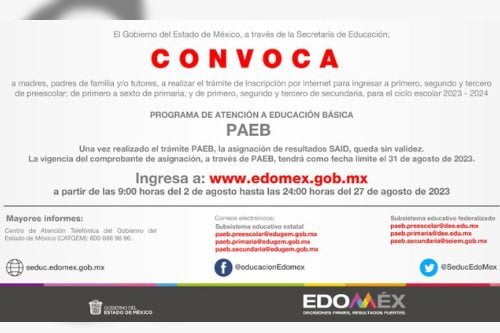 Lista convocatoria PAEB para educación básica en Edomex
